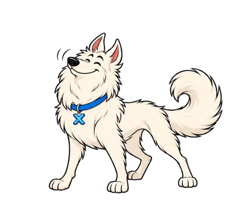 Bob Doo, cachorro branco de orelhas pontudas, cauda felpuda e coleira azul com pingente X.