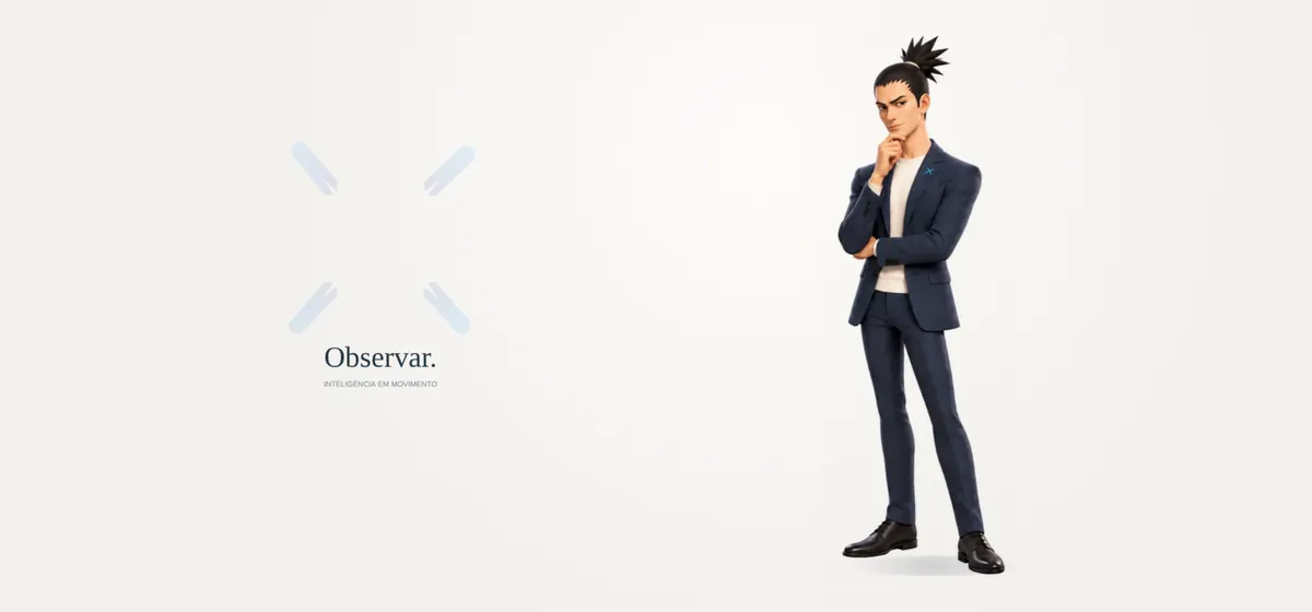 Personagem da COXTON em pose de observação, com o X da marca convergindo ao lado e a palavra Observar.